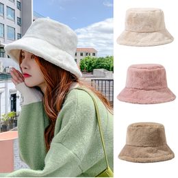 Wide Brim Hats Bucket Hat Fashion Solid Colour Winter Thick Warm Faux Fur Plush Women Wool Fleece Ladies Panama Cap Sun Caps 221129