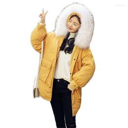 Women's Trench Coats Winter Coat Women Yellow S-2XL Plus Size Loose Thick White Fur Collar Hooded Down Cotton Jackets Warmth Parkas Feminina