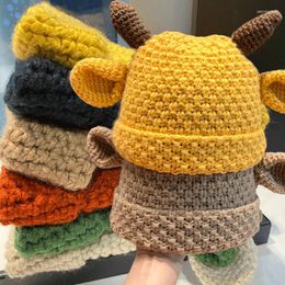 Berets Street Trend Handmade Crochet Horn Knitted Beanie Hat Cute Funny Ox Winter Wool Cap Solid Knit Caps Beanies Bonnet Hats