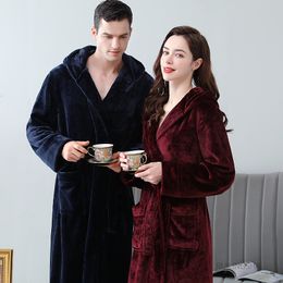 Men's Robes Men Winter Super Long Thick Warm Flannel Bathrobe Plus Size Hooded Ankle Length Coral Fleece Bath Women Soft Dressing Gown 221130