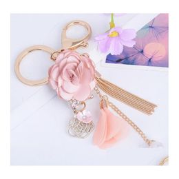 Key Rings Gold Metal Key Rings Chains Tassel Cloth Flower Rhinestones Car Keys Bag Charms Pendant Jewellery For Women Girls 3 Colours D Dh90E