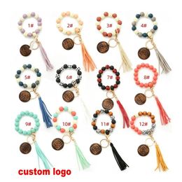 Party Favor Leopard Wood Beads Bracelet Keychain Women Leather Tassel Wristlet Key Chain for gift MAMA Letters FY2577 New