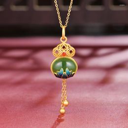 Pendant Necklaces S925 Silver Inlay Natural Ian Jade Fu Lu Gourd National Trendy Style Necklace For Women