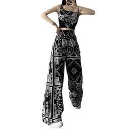 Women's Two Piece Pants 2 Piece Outfits Paisley Print Spaghetti Strap Tank Tops High Waist Loose for Ladies Black 221130