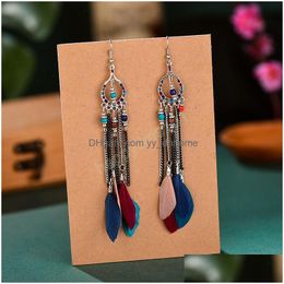 Dangle Chandelier Bohemian Long Chain Tassel Earrings For Women Natural Feather Dangle Jewellery Summer Holiday Boho Earring Drop Del Dhodj