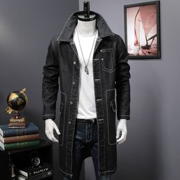 Men's Jackets Mens Fashion Long Denim Trench Coat Slim Fit Korean Pockets Black H1 221130