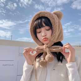 BeanieSkull Caps Winter Cute Bear Ears Warm Hat Women Beanies Windproof Student Add Wool Female Present Girl Outdoor 221129