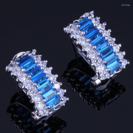 Backs Earrings Classy Blue Cubic Zirconia White CZ Silver Plated Clip Hoop Huggie V0925