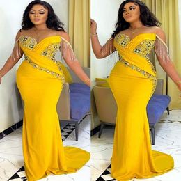 Arabic Aso Ebi Elegant Yellow Mermaid Evening Dresses Beaded Crystals Lace Evening Formal Party Second Reception Birthday Pageant Dress Prom Gowns Custom