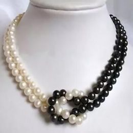 Fashion Jewellery 2Rows 7-8mm Black White Cultured Pearl Necklace