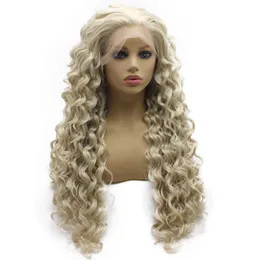 26" Extra Long Ash Blonde Wig Curly Heat Friendly Synthetic Hair Lace Front Wig
