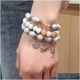 Beaded Bohemian Fashion Jewelry Heart Elephant Angel Wing Pendant Strands Beaded Bracelet Handmade Mti Layer Crack Stone Beads Charm Dhtv6
