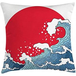 Pillow Big Red Sun Setting Scenery Tropical Nautical Tsunami Swirls Decorative Rectangle Accent Case