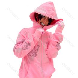 Men's Hoodies Sweatshirts harajuku vintage gothic graphic punk clothes Women Oversize Tops zip up hoodie rhinestones Butterfly 221130