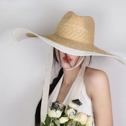 Wide Brim Hats Fashion Big Straw Hat With Long Strap Ladies Summer Beach For Women Luxury Designer Brand Cowboy Sunshade Jazz