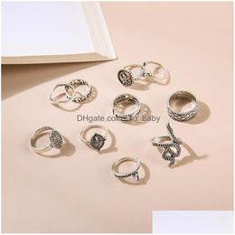 Band Rings Fashion Jewellery Knuckle Ring Set Vintage Snake Geometry Rings 10Pcs/Set Drop Delivery Dhilp