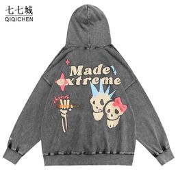 Men's Hoodies Sweatshirts Mens Autumn Washed Cotton Women Skeleton Letters Hoodie Retro Hip Hop Street Sweatshirt Casual Harajuku Pullover 221129