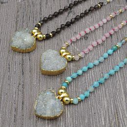 Pendant Necklaces Titanium AB Colour Natural Crystal Druzy Heart Pendants 4mm Stone Faceted Round Beads Knot Handmade