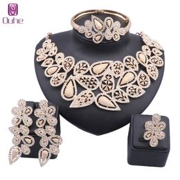 Exquisite Dubai Gold Wedding Bridesmaid Crystal Necklace Earrings Bangle Ring Party Bridal Costume Jewellery Set