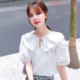 Women's Blouses Korean Summer Short Sleeve Blouse Women Cute Lace-up Ruffles O-neck Et Chemises Elegant Puff Or Tops