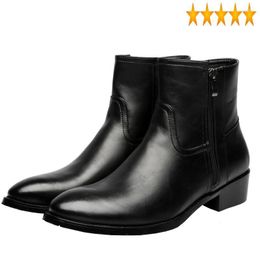 Boots Toe Winter Mens Pointed Ankle Block Med Heels Biker Safety Man High Top Motorcycle Leather Shoes Plus Size