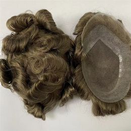 Indian Virgin Human Hair Piece Light Brown 32mm wave Hollywood Toupee PU with Swiss lace Unit for men