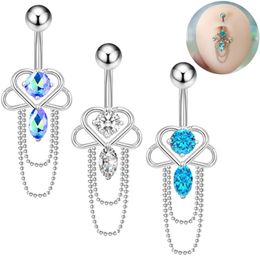 Bell Button Rings for Women Blue White Zircon Crystal Chain Tassel Dangling Stainless Steel Crystal Navel Ring