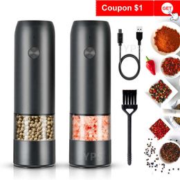 Mills 12Pcs Electric Salt and Pepper Grinder Spice Mill USB Charging Adjustable Coarseness with LED Light BBQ Kitchen Tools 221130