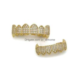 Grillz Dental Grills Hip Hop Golden Grillz Cool Gold Diamonds Teeth Jewellery Real Plated Fashion Rapper Dental Grills Three Colours S Dh4Ha