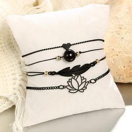 Link Bracelets Boho Bracelet & Bangle Sets For Women Black Hollowed Lotus Hand Heart Charm Beads Chains Fashion Jewelry Accessories