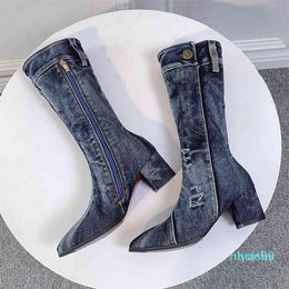 Boots Sexy Jean Women039s Mid Calf Zipper High Heel Woman Stylish Jeans Ladies Denim Female Shoes Cowboy 5EHC3263789