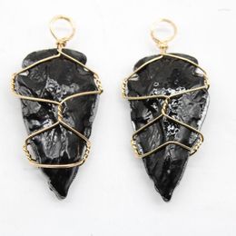 Pendant Necklaces Natural Black Obsidian Stone Arrow Golden Winding Charms Pendants For DIY Making Jewelry Accessories Wholesale 4pcs/lot