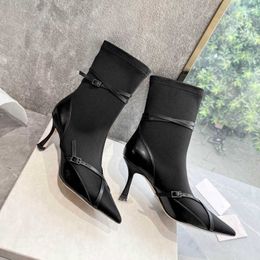 Зимние ботинки черная патентная кожа матовая кросс -рукав заостренные туфли на каблуках сапоги средняя тонкая модная ремень Elastic 221130