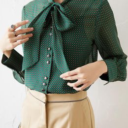 Women's Blouses Silk Shirt Green Cheque British Plaid Women S Long Sleeve Tie Chiffon Ol Style