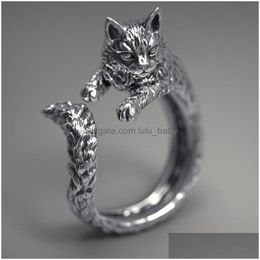 Band Rings Fashion Jewelry Cat Ring Vintage Black Sliver Opening Adjustable Drop Delivery Dhlox