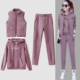 Women's Two Piece Pants 3 Set Tracksuit Autumn Winter Sport Suit Hoodies Vest Pants Casual Velvet Warm Sporting Women Outwear 221130