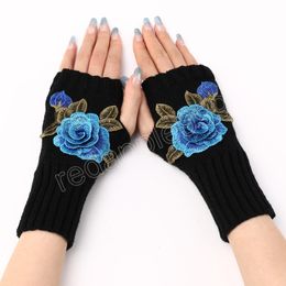 Autumn Winter Women Gloves Fashion Embroidered Rose Flower Short Gloves Knitted Wool Sleeves Warm Mittens Fingerless Gloves