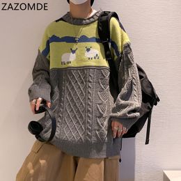 Mens Sweaters ZAZOMDE Harajuku Knitted Cartoon Sheep Pullovers Men Hip Hop Streetwear Sweater Male Autumn Winter Loose 221129