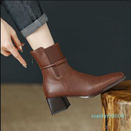 French Square Head Brown Short Boots Women's Thick High Heels British Autumn and Winter Knight Boots Slim Single Boots