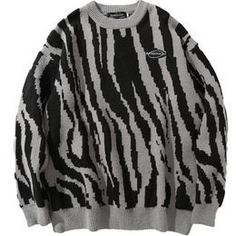 Mens Sweaters Japanese Harajuku Vintage Sweater Winter ZebraStriped Round Neck Pullovers Knitted Couples Hip Hop Loose Fashion Tops 221129