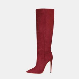 Boots winter Fashion Women Shoes Elegant burgundy suede pointed toe stilettos heels knee High 220906