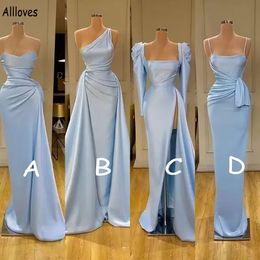 Light Sky Blue Elegant Evening Dresses Arabic Aso Ebi Slim Fit Ruched Formal Occasion Prom Gowns Sweep Train Women Second Reception Party Dress Robe de Soiree CL1519