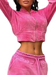 Women's Two Piece Pant u s Velvet 2 Outfits Long Sleeve Zip Up Crop Jacket or Drawstring Cargo 221130