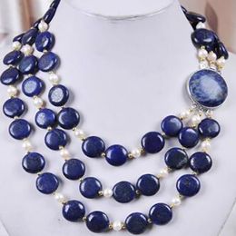 Fashion 3Rows White Cultured Pearl Lapis Lazuli Necklace 17-19"