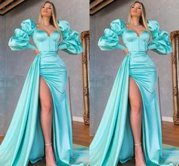 Turquoise Plus Size Prom Dresses Long Sleeves for Women Sexy Sweetheart Satin Sweep Train High Side Split Princess Formal Evening Wear Party Gowns Custom Made