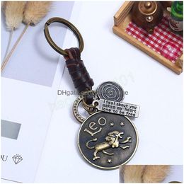 Key Rings 12 Constellation Leather Weave Key Chain Pendant Vintage Animal Zodiac Scorpions Keychain Keyring Punk Men Women Birthday Dh8Nk