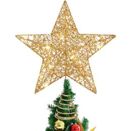 Christmas Decorations Gold Star Tree Topper with Fairy String Lights Xmas Ornament for Home Outdoor 221130