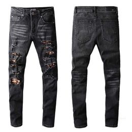 Denim Amirs Jeans Designer Pants Man Fall Fashion New Mens Black Lace Embroidery Patch Elastic Slim Fit Leggings Q8GX