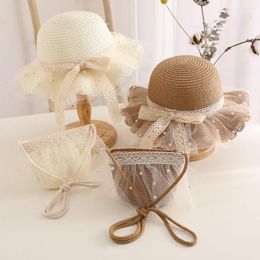 Hats Baby Bow Tie Panama Cap Lace Pearl UV Protection Sun Handbag Bags Straw Woven Kids Beach Hat