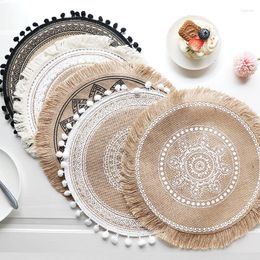 Table Mats Round 38cm Non-slip Kitchen Placemat With Tassel Cotton Linen Embroidery Pad Dish Coffee Cup Mat Home Decor 51001